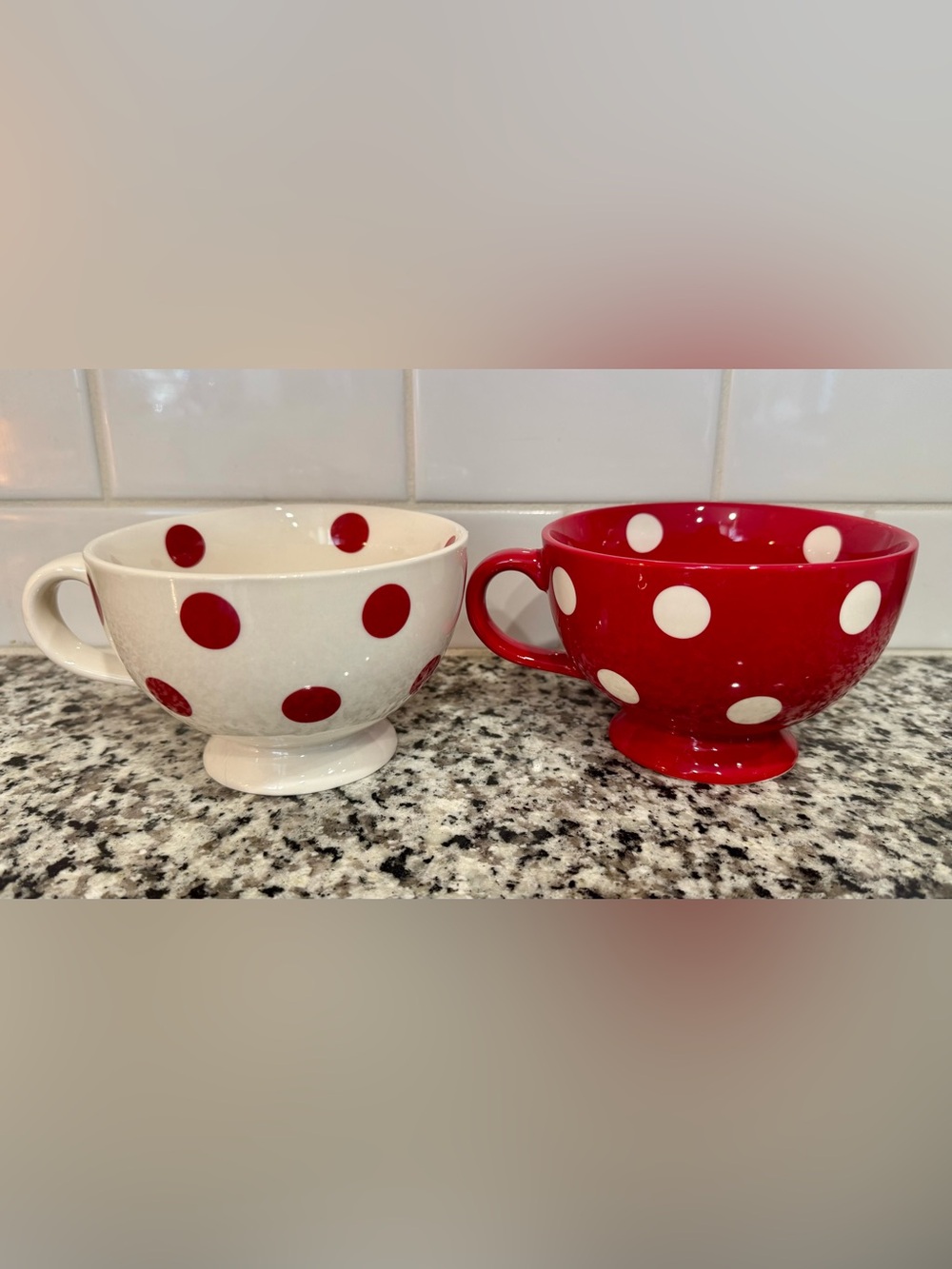 Pier 1 Red and White Contrasting Polka Dot Oversized Ceramic Mugs RARE